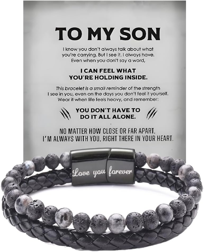 DivaGlamz The Guardian - Son's Tiger Eye Protection Bracelet From Mom, Black Braided Leather natural stone Inspirational Bracelets Engraved Love You Forever Birthday Gift Jewelry - Image 1